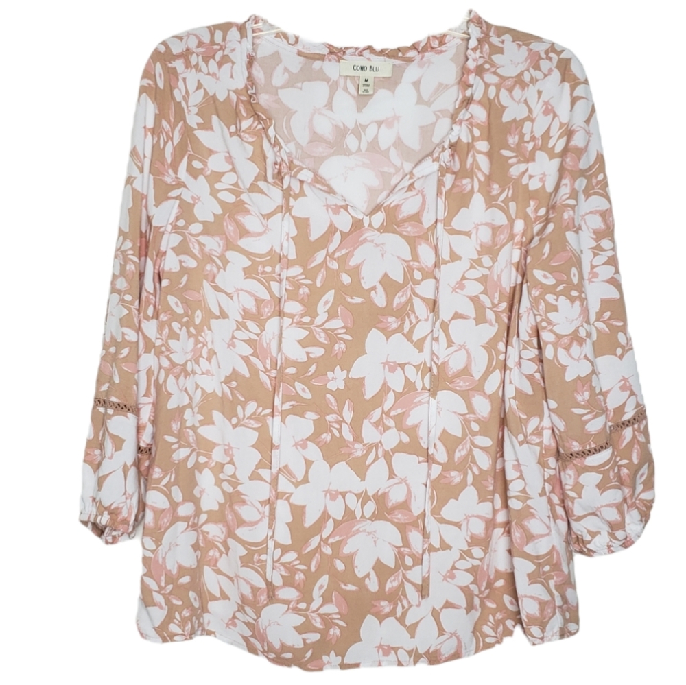Como Blu Women Size M Pink Floral Tunic Peasant Top Blouse Shirt Cottage Style